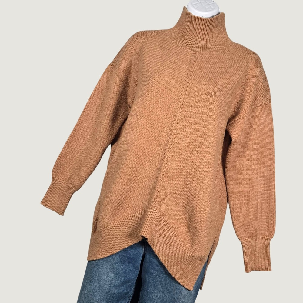 Maeve Anthropologie Women XS Mock Neck Tulip Hem Sweater Camel Brown Puff Sleeve